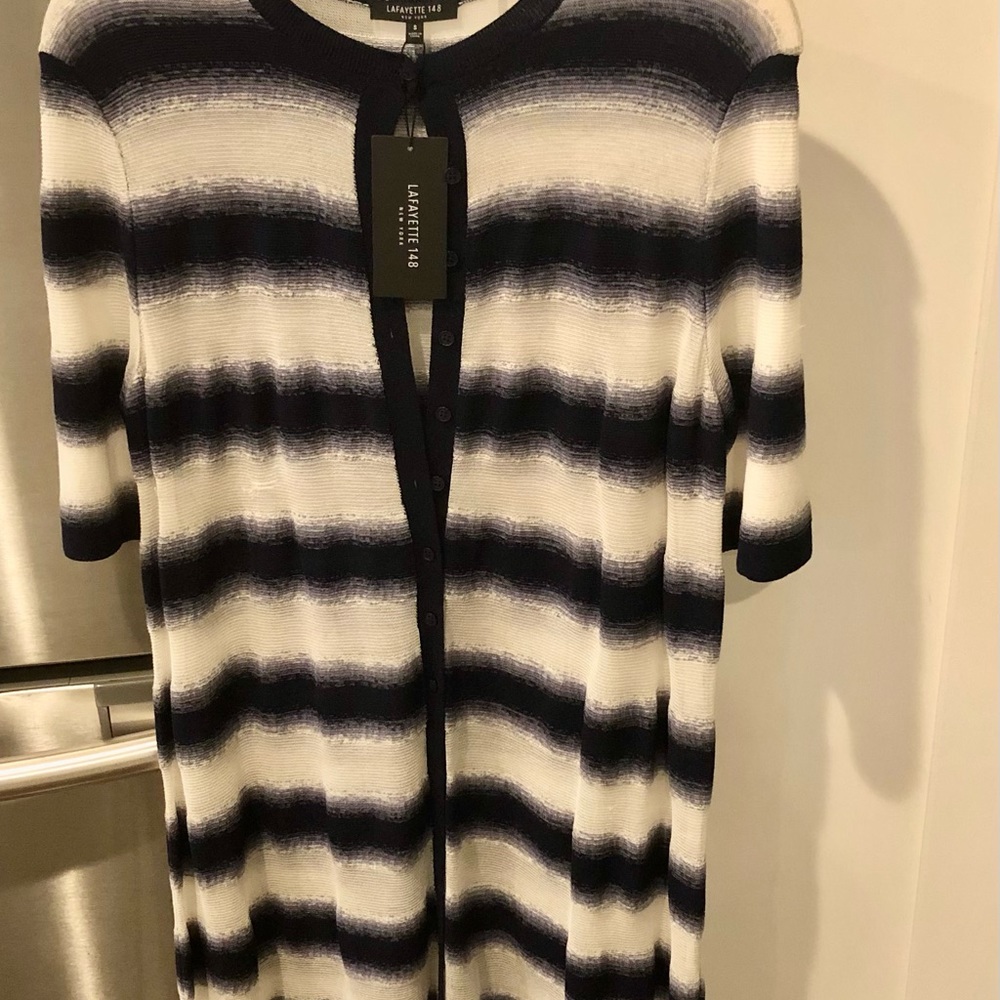 Lafayette 148 NY Blue White Ombré Striped Button Up Sheet Duster Cardigan
